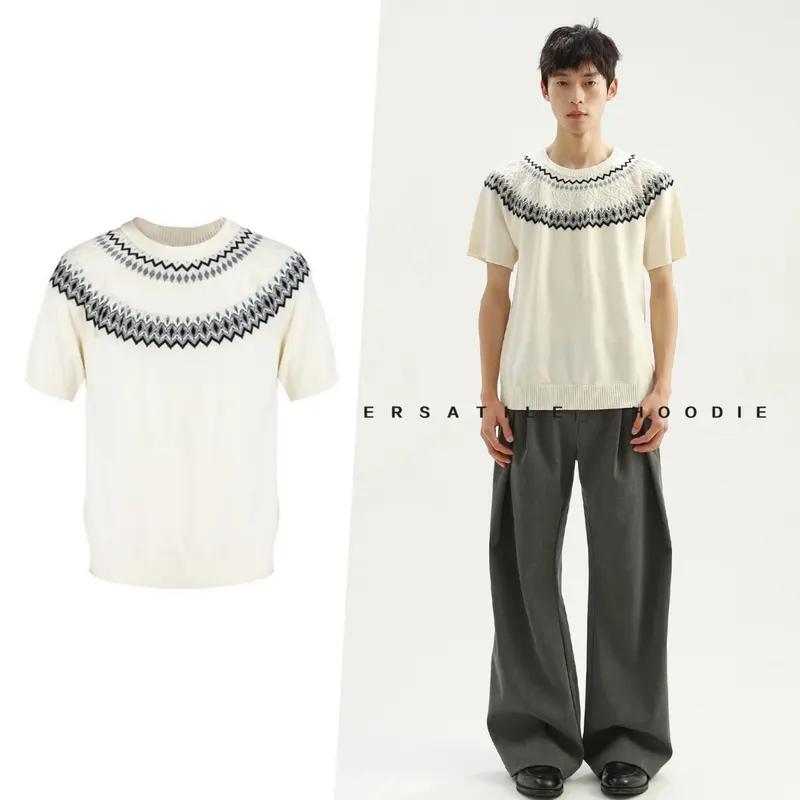 tシャツ Knitted wool blended round neck shoulder short sleeved knitted short sleeved men's clothing male shirts