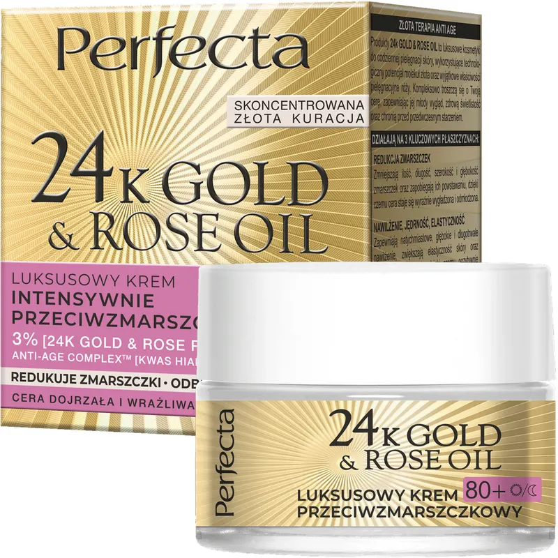Perfecta 24K Gold&Rose Oil luksusowy krem przeciwzmarszczkowy 80+ na dzień i noc z 3% kompleksem 24K Gold & Rose Power, elastyną, kolagenem i kwasem hialuronowym 50 ml