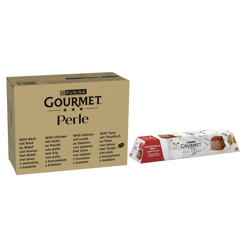 Gourmet: Perle, 96 x 85 g + Revelations Mus, wołowina, 12 x 57 g gratis! - Wołowina, kurczak, łosoś, tuńczyk w sosie, 96 x 85 g + Wołowina, 12 x 57 g
