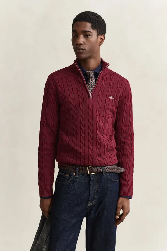 Gant Bawełniany Sweter Męski Half Zip Regular Fit Bordowy