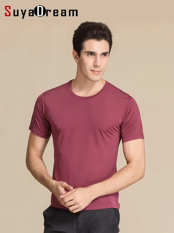 SuyaDream Men T shirt 100%Natural Silk O neck Short Sleeved Chic Solid Tee 2026 New Spring Summer Top White