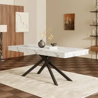 Rozsuwany stół jadalny, 140/180*80 cm, dla 6–8 osób, prostokątny, pogrubiony blat, metalowe nogi, prosty styl, stół do jadalni, kuchni, salonu, biały