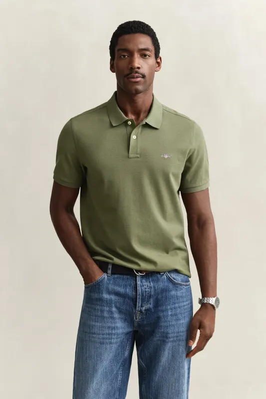 Gant Bawełniane Polo Męskie Z Krótkim Rękawem Regular Fit Zielone