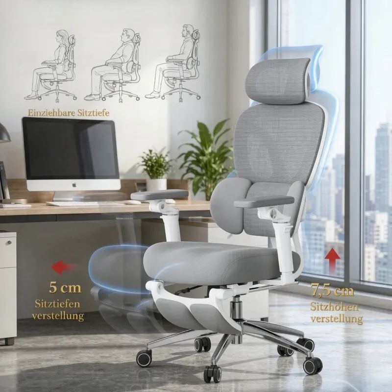 Regulowany wysokością fotel komputerowy, premium fotel szefa z wbudowanym podnóżkiem, ergonomiczny fotel biurowy, fotel obrotowy z 3D zagłówkiem i 3..