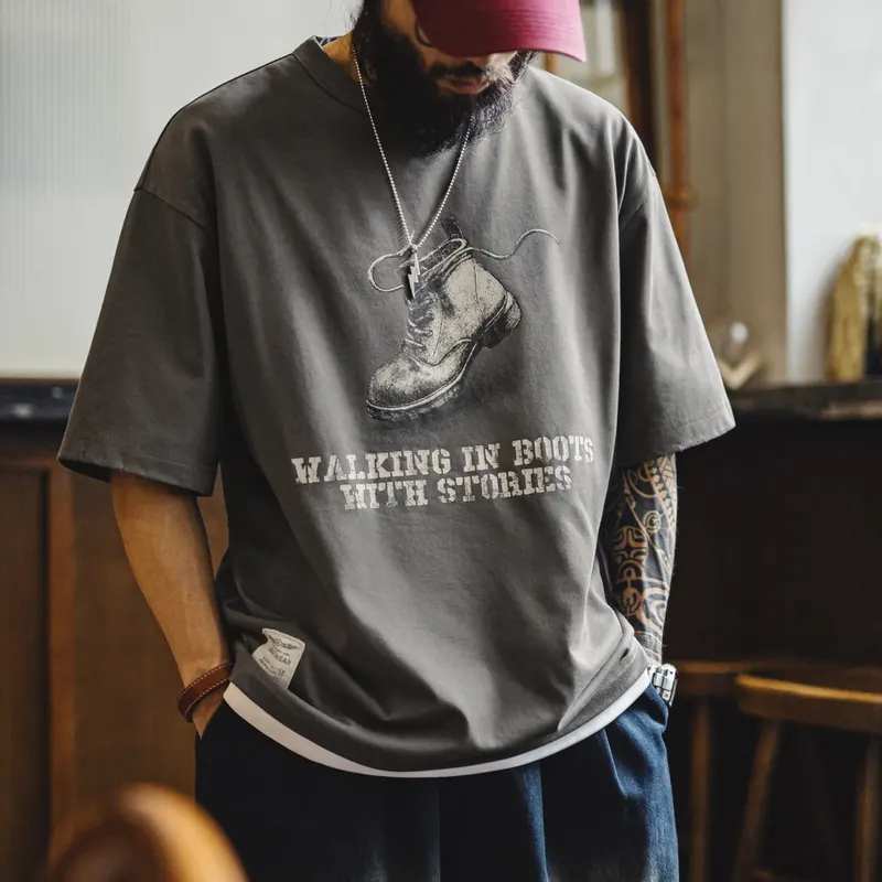 Maden Men's T-shirt Heavyweight Vintage Graphic Printed Crewneck Loose Oversized Short Sleeve Summer Tee Outdoor Streetwear