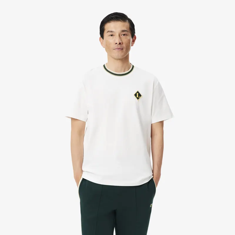 Lacoste Koszulka Made In France W Paski Z Naszywką Kremowa Męskie Kremowy