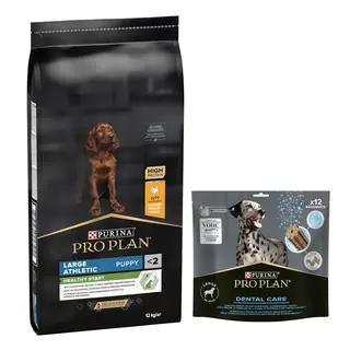 PURINA PRO PLAN: karma sucha dla psa, 12 kg / 14 kg + przysmaki dla psa gratis! - Large Athletic Puppy Healthy Start, kurczak i ryż, 12 kg + Dental Care dla dużych psów (25-40 kg), 426 g (12 sztuk)