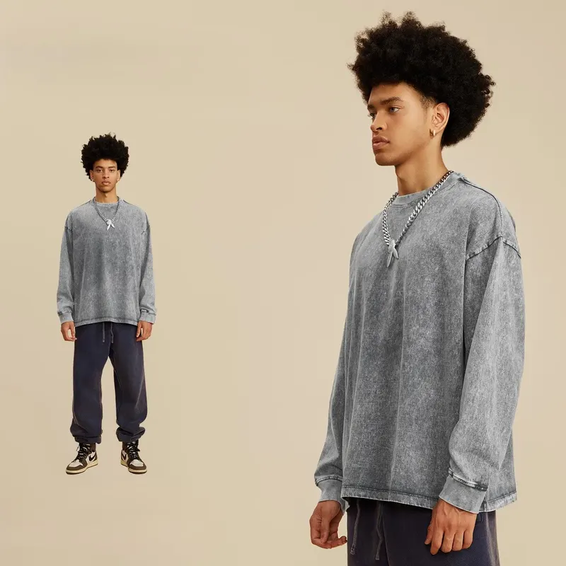 man t shirts cotton 100% retro washed high quality oversized tee for autumn t shirts long sleeve free shipping 2026
