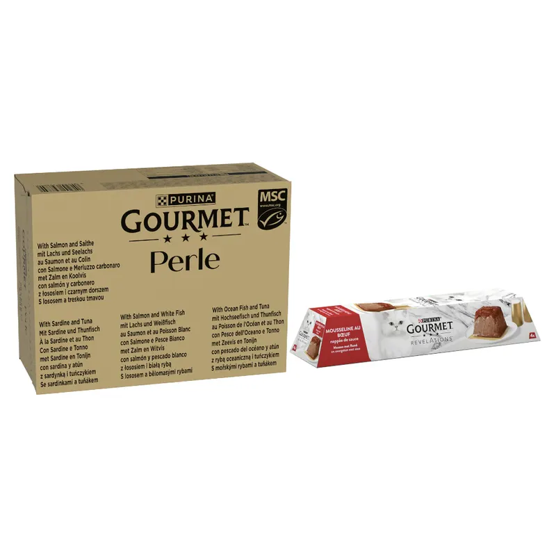 Gourmet: Perle, 96 x 85 g + Revelations Mus, wołowina, 12 x 57 g gratis! - Rybny Mix w sosie, 96 x 85 g + Wołowina, 12 x 57 g