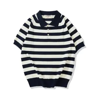 2026 Summer Amikaji New Thick and Heavy Collar Knitted Striped T-shirt Retro Wide Striped Polo Shirt