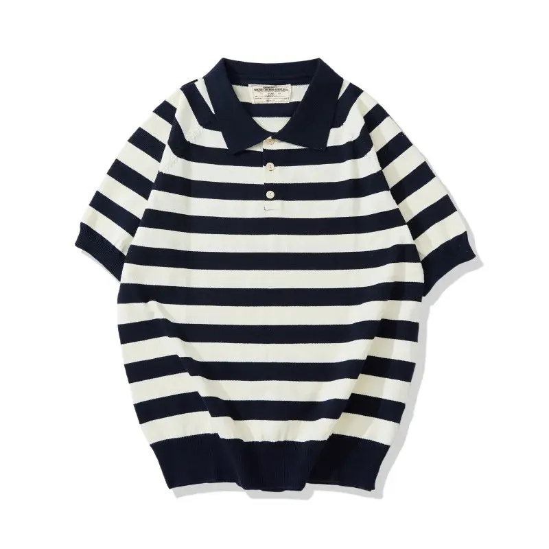 2026 Summer Amikaji New Thick and Heavy Collar Knitted Striped T-shirt Retro Wide Striped Polo Shirt