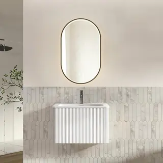 Zestaw mebli łazienkowych z lustrem, umywalka 60 cm z szafką pod umywalkę, częściowo zmontowana, szafka w paski z jedną szufladą, kolor biały, owaln..