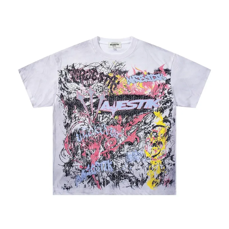 MAJESTIK Graffiti Print Short-Sleeved T-Shirt - Loose-Fitting, Retro, Embroidered Beads, Casual Shirt for Men and Women, Trendy