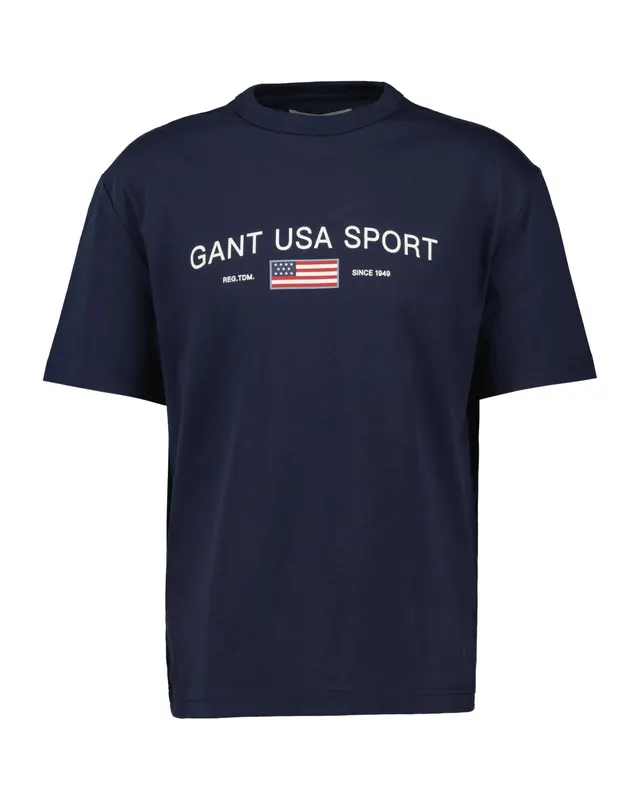 Gant T-Shirt Męski Z Nadrukiem Okrągły Kołnierzyk Relaxed Fit Niebieski