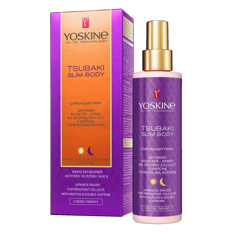 Yoskine Tsubaki Slim Body japoński spray na cellulit z olejem Tsubaki, kofeiną, matchą i algami 200 ml