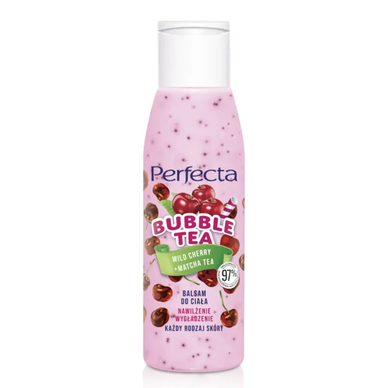 Perfecta Bubble Tea balsam do ciała Wild Cherry+Matcha Tea MINI z matchą, wiśnią, masłem shea i witaminowymi kuleczkami 100 ml
