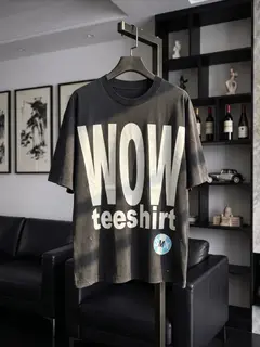 New Vintage Crack WOW Washed Retro Loose American Brand Cotton Oversize Hip Hop Tee T Shirts Short Sleeved T-shirt for Men