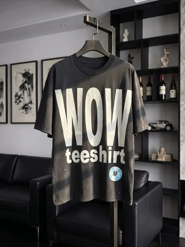 New Vintage Crack WOW Washed Retro Loose American Brand Cotton Oversize Hip Hop Tee T Shirts Short Sleeved T-shirt for Men