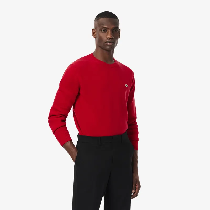 Lacoste Sweter Z Okrągłym Dekoltem Z Wełny Zgrzebnej Męskie Czerwony