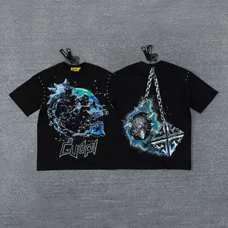 Guapi Retro Ice Blue Chain Skeleton Short Sleeve Side Pinzoned Heavyweight Washed T-Shirt For Men and Women