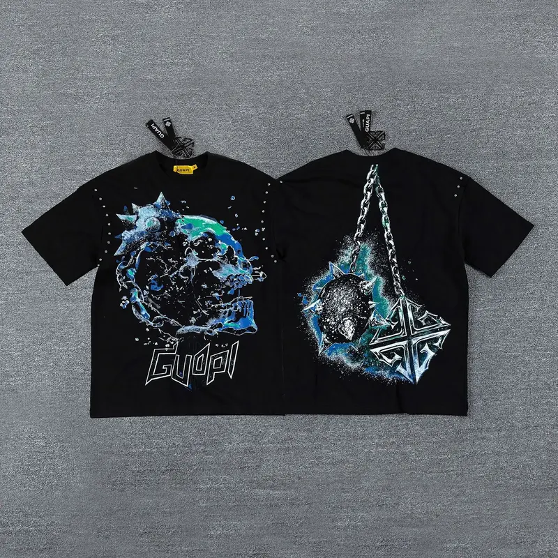 Guapi Retro Ice Blue Chain Skeleton Short Sleeve Side Pinzoned Heavyweight Washed T-Shirt For Men and Women