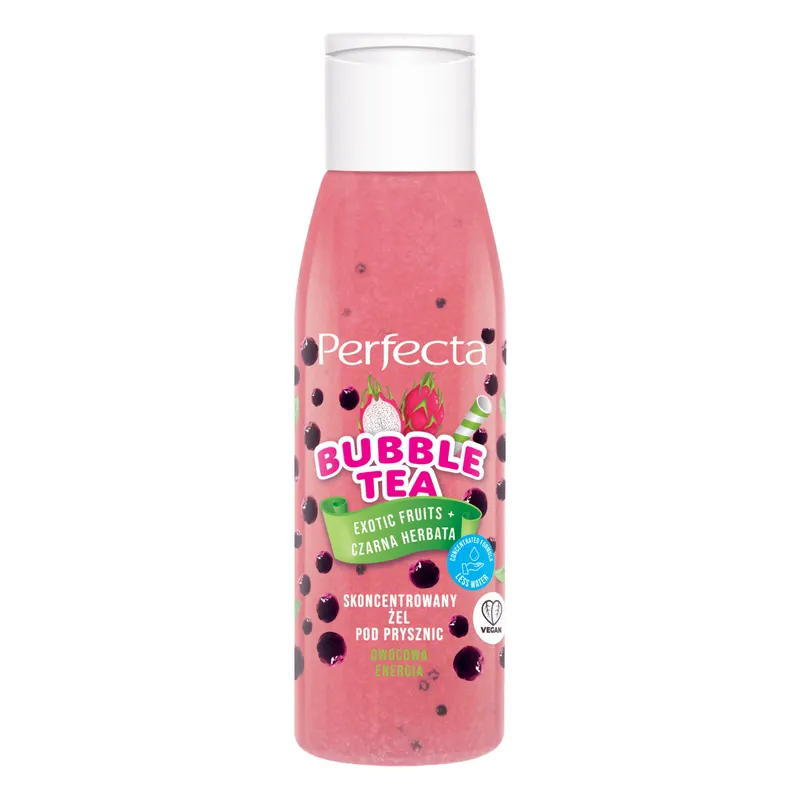 Perfecta Bubble Tea skoncentrowany żel pod prysznic Exotic Fruits + Czarna Herbata MINI z kombuchą, jagodami goji i hydrożelowymi kulkami 100 ml