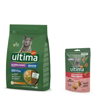 Ultima: karma sucha, 2,5 kg + Snacks nadziewane kawałeczki z wołowiną, 60 g gratis! - Sterilized Senior, kurczak