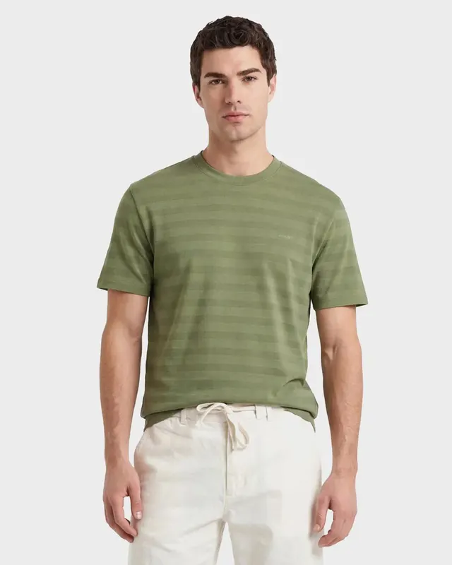 Gant Bawełniany T-Shirt Męski W Paski Z Okrągłym Kołnierzykiem Regular Fit