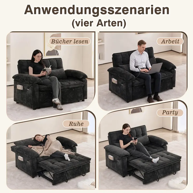 Sofa 3 w 1 o szerokości 142 cm z funkcją leżenia, wyposażona w poduszki siedziska i oparcia miękkie jak chmury, a także dwie poduszki lędźwiowe, sch..
