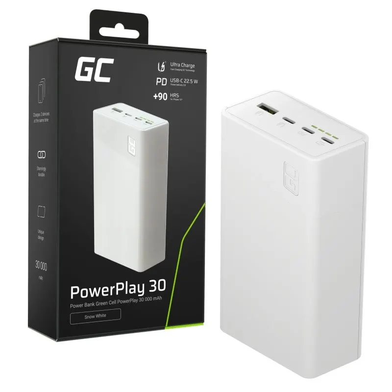 Green Cell Powerbank 30 000mAh, 22.5W, 4 porty, biały