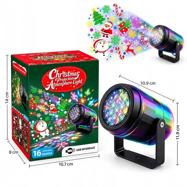 PROJEKTOR ŚWIĄTECZNY LED 16 WZORÓW OBROTOWY 360° LAMPKA USB