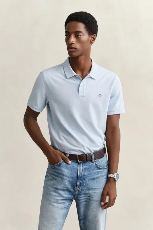 Gant Bawełniane Polo Męskie Z Krótkim Rękawem Regular Fit Niebieskie