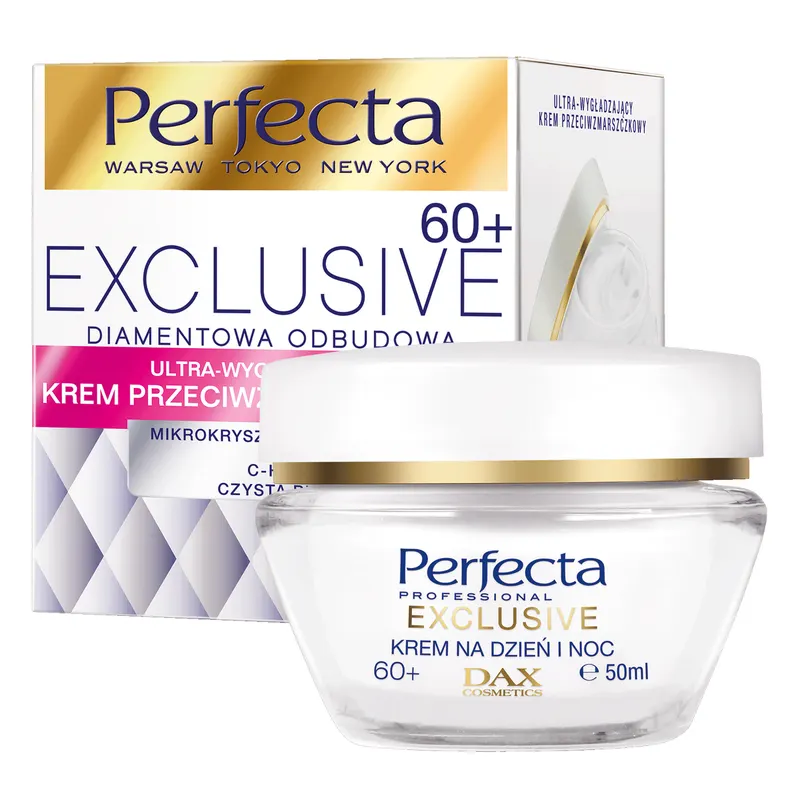 Perfecta Exclusive Diamentowa Odbudowa ultra wygładzający krem przeciwzmarszczkowy 60+ z pyłem diamentowym, platyną i ceramidami 50 ml