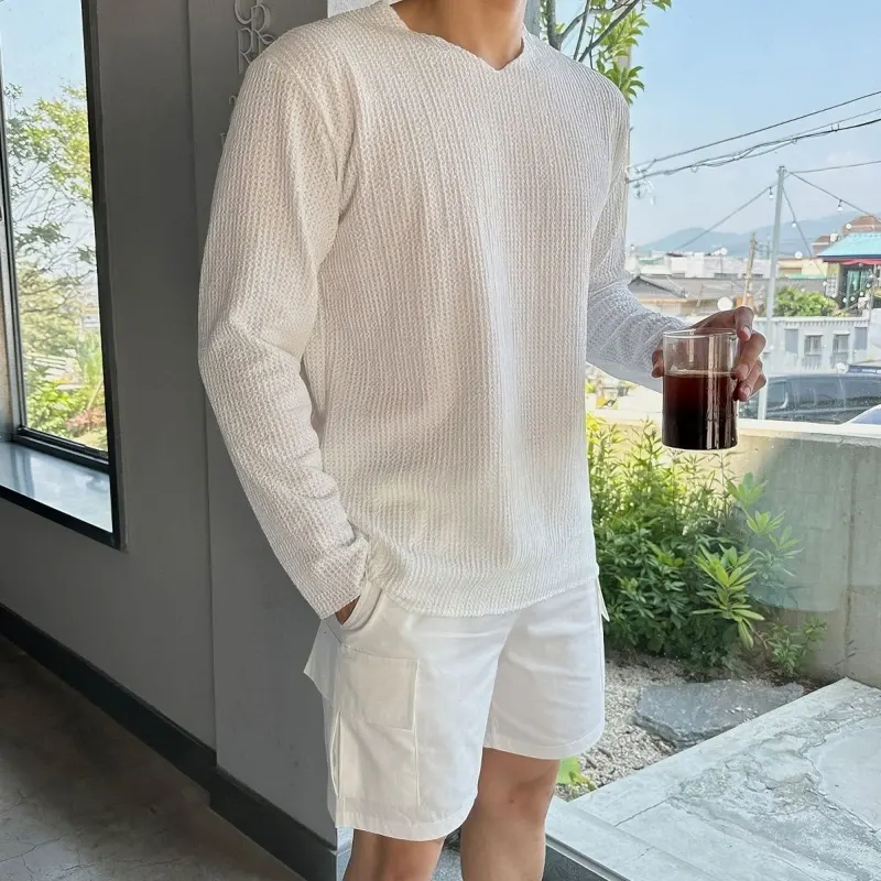 Small V-neck Knitted Long Sleeved T-shirt for Men's Spring and Summer Casual T-shirt Cover Up, Loose Top