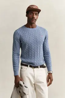 Gant Bawełniany Sweter Męski Z Okrągłym Dekoltem Regular Fit Niebieski