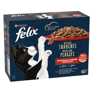 3 + 1 gratis! 4x Felix, karma mokra dla kota, różne rodzaje - 4 x (12 x 80 g) Deliciously Sliced w galarecie, wiejskie smaki w galarecie, (36 + 12 gratis!)