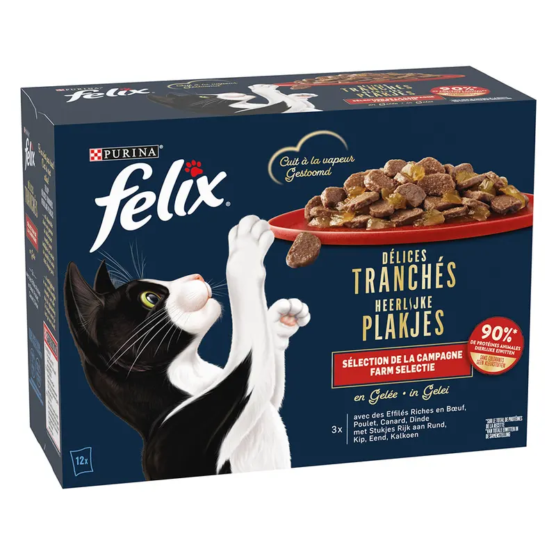 3 + 1 gratis! 4x Felix, karma mokra dla kota, różne rodzaje - 4 x (12 x 80 g) Deliciously Sliced w galarecie, wiejskie smaki w galarecie, (36 + 12 gratis!)