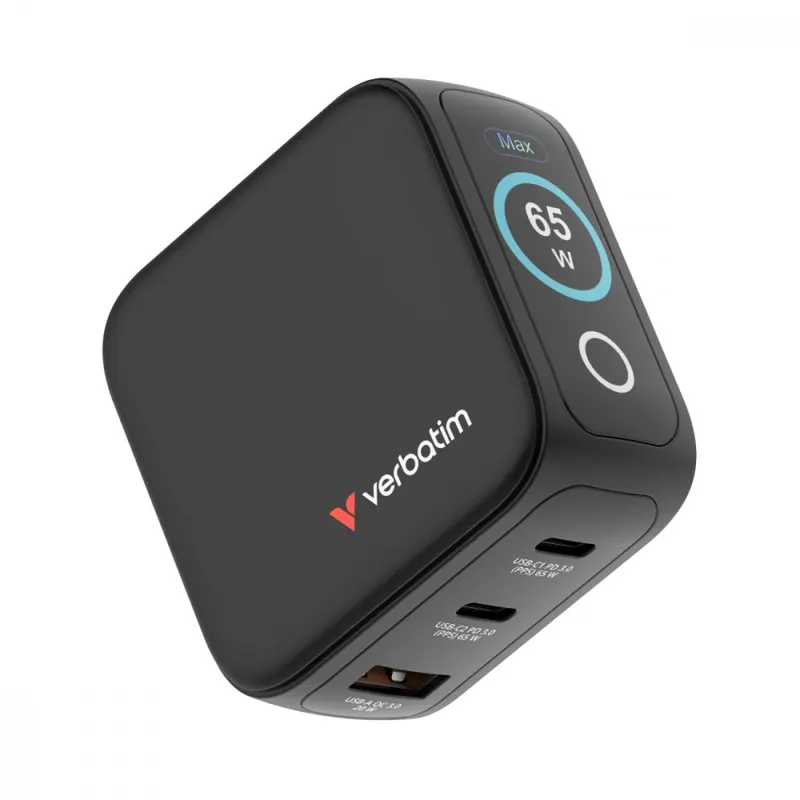 Verbatim Ładowarka Mini GaN 65W TFT 2xUSB-C 1xUSB-A EU/UK/USA 30238