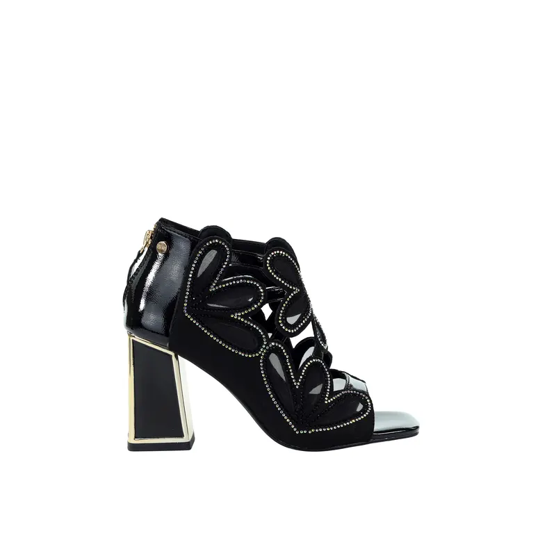 Damskie skórzane czarne sandały peep toe z ozdobnym obcasem TT2N4219