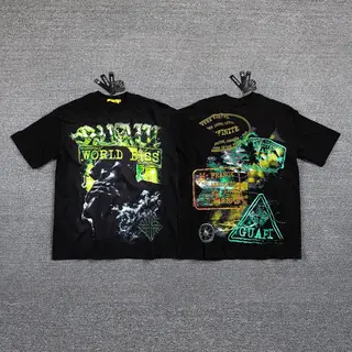 Guapi fluorescent green rapper-style short-sleeved retro smoky wash cotton T-shirt for both men and women