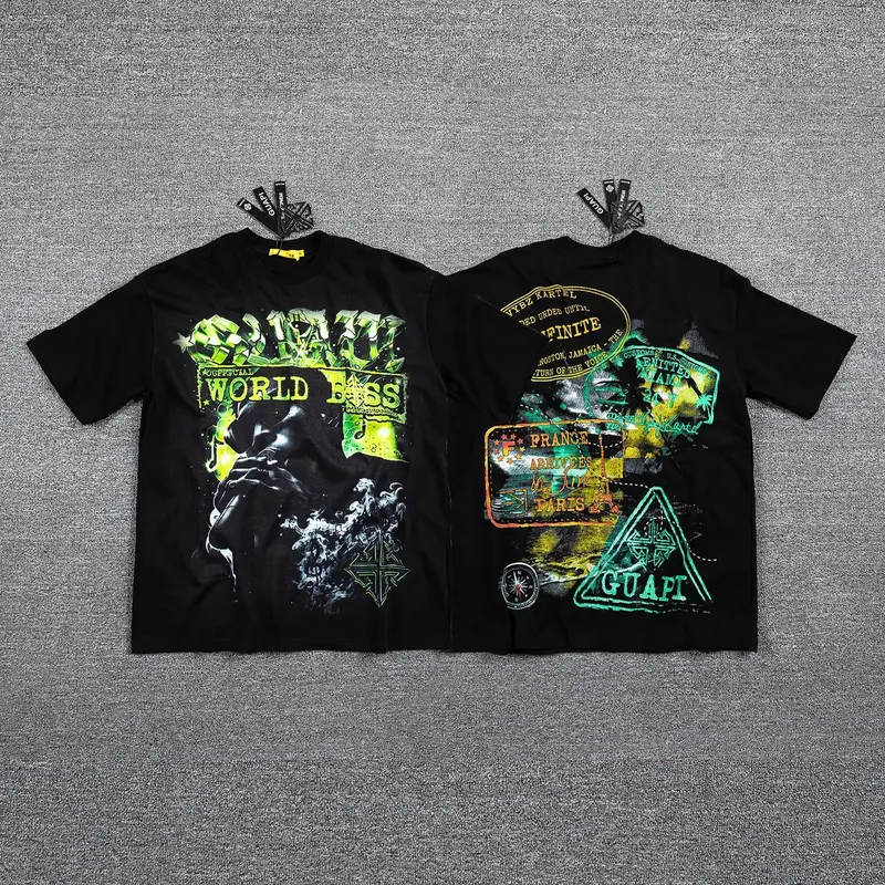Guapi fluorescent green rapper-style short-sleeved retro smoky wash cotton T-shirt for both men and women