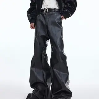 Retro Old Washed Split Design Sense Niche Leather Pants Fashionable Versatile Loose Straight Casual Pants Men