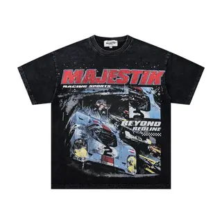 MAJESTIK High Street Racing Beaded Print Short-Sleeved T-Shirt - Men's and Women's Retro Weathered Loose-Fitting Casual Top