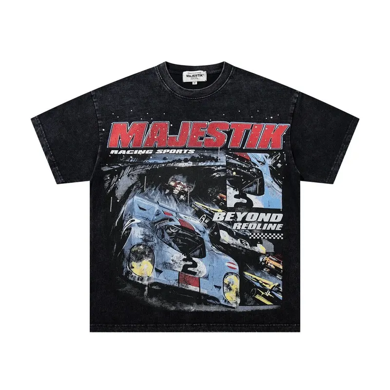 MAJESTIK High Street Racing Beaded Print Short-Sleeved T-Shirt - Men's and Women's Retro Weathered Loose-Fitting Casual Top
