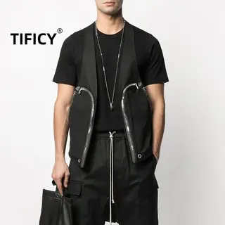 Dark RO Men's High Street Zipper Pocket Multi Functional Tactical Vest Tops Men Clothing