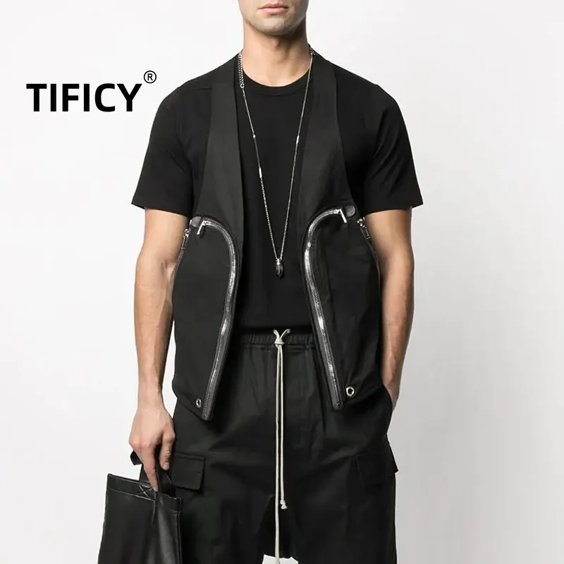 Dark RO Men's High Street Zipper Pocket Multi Functional Tactical Vest Tops Men Clothing