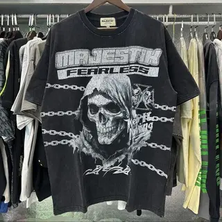 MAJESTIK Street Streetwear Retro Skull Print Washed Vintage Stained Beaded Loose Casual Short-Sleeved T-shirt ins