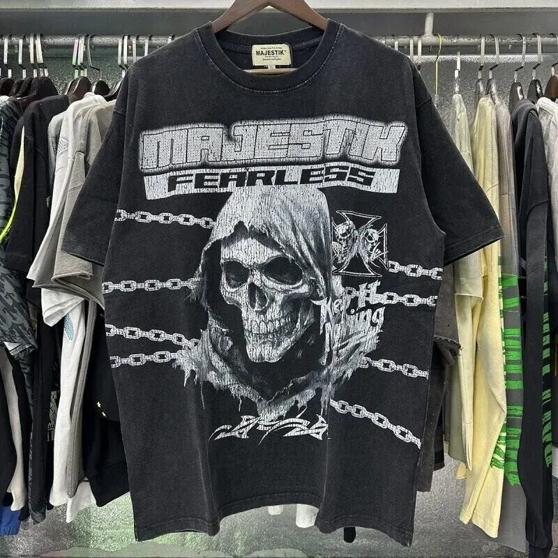 MAJESTIK Street Streetwear Retro Skull Print Washed Vintage Stained Beaded Loose Casual Short-Sleeved T-shirt ins