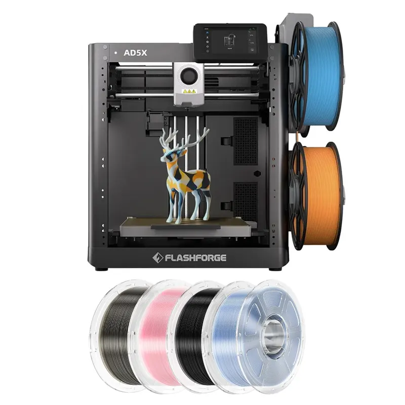 Drukarka 3D Flashforge AD5X, 4 kg, filament Mecpow High-Speed PETG – czarny/przezroczysty, jasnoróżowy/jasnoniebieski/dymnoszary