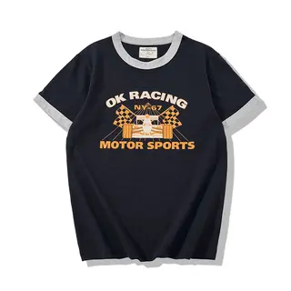 Summer New American Retro Workwear Shirt Short Sleeve 255g Old Bamboo Cotton Color Line Retro Racing Short Sleeve T-shirt